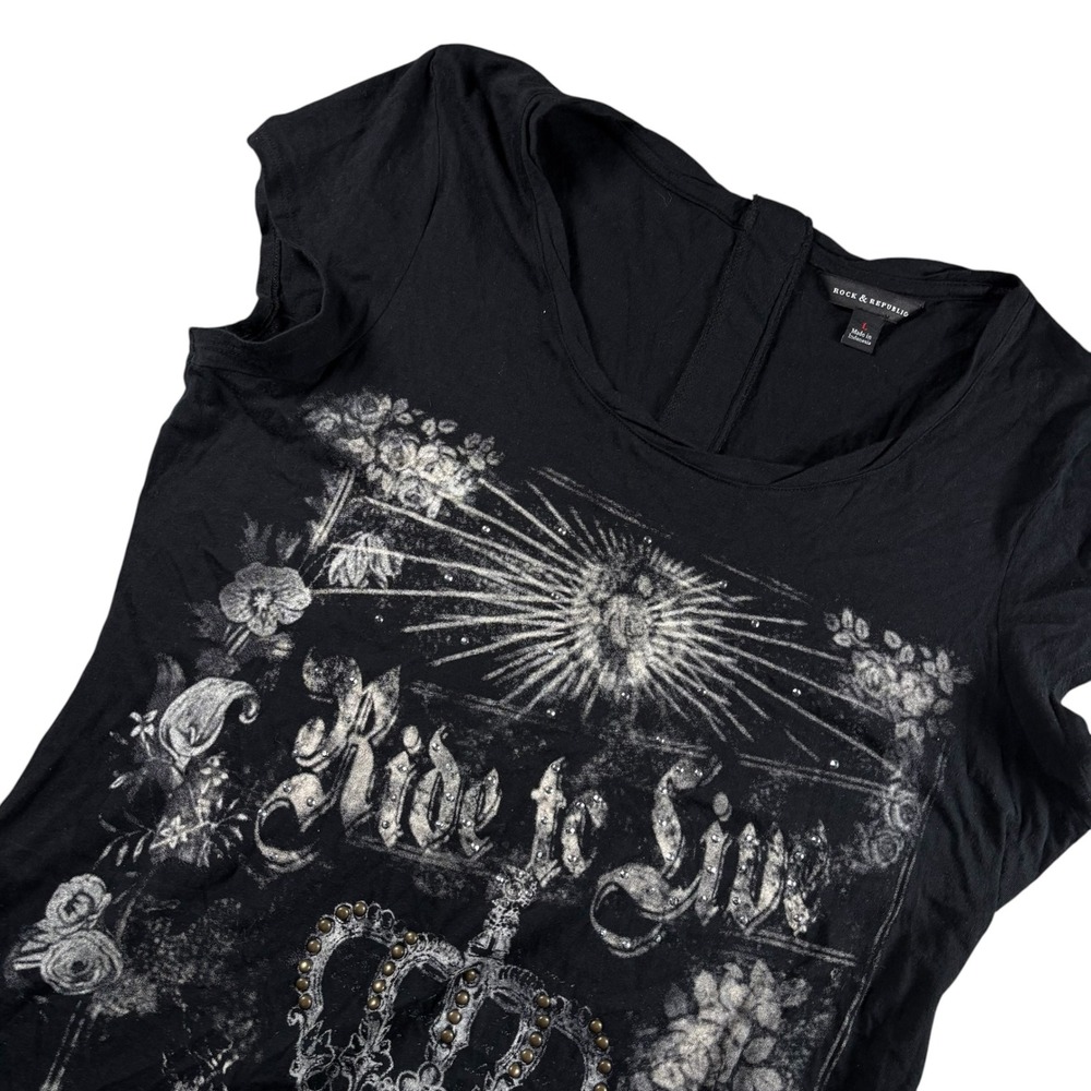 Rock & Republic Graphic Tee Womens L Black‎ Ride to Live Crown Rocker Moto Y2K